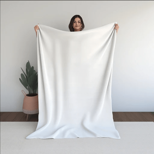 Young woman holding blanket in front of potted plant Free Mockup Template